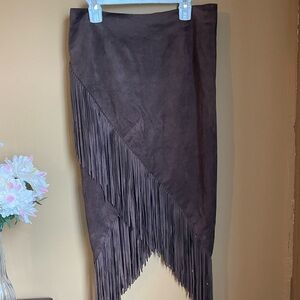 Olivaceous Dark Brown Asymmetrical Fringe Skirt